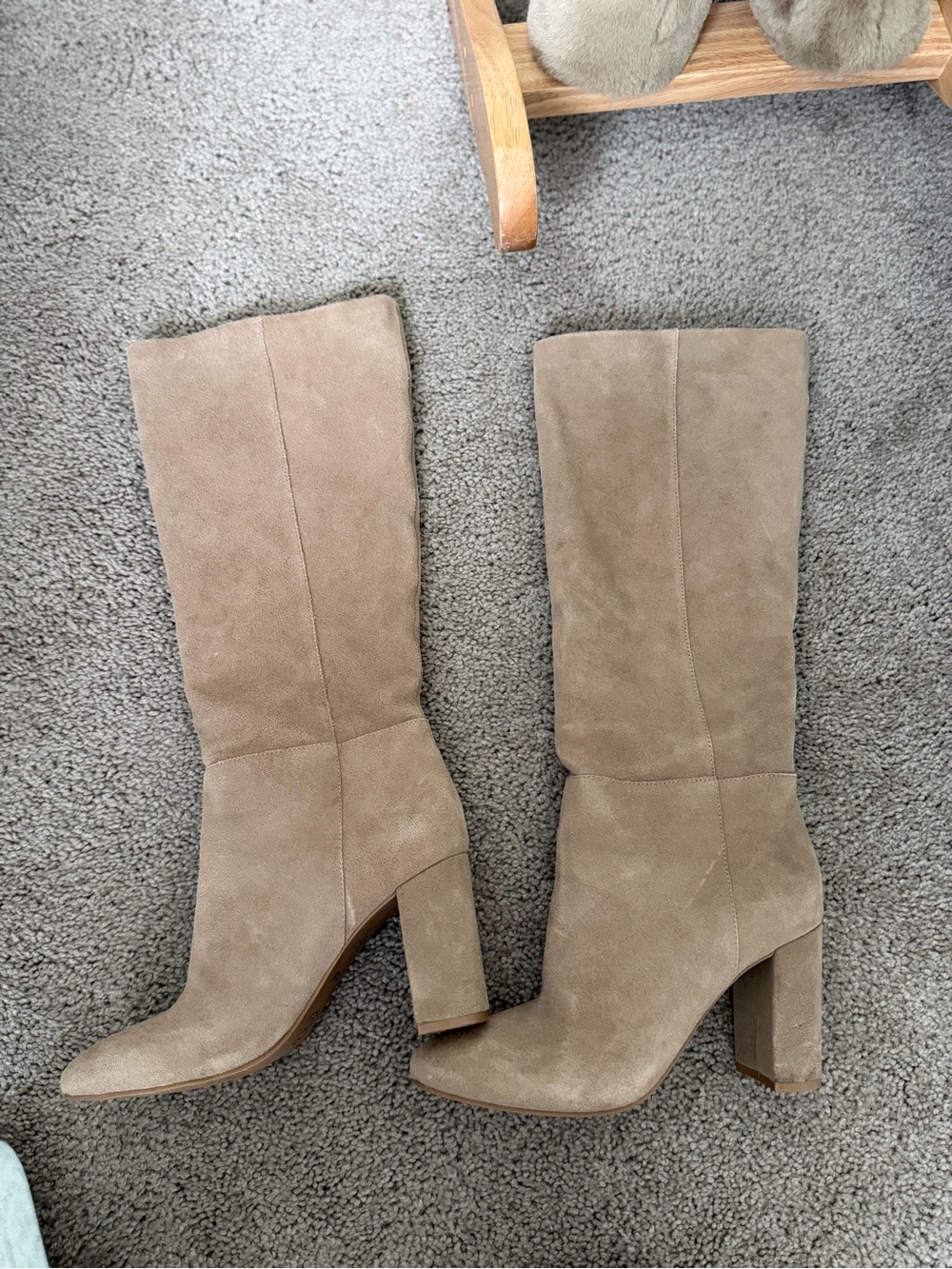 Chinese Laundry Taupe Suede Mid-Calf Block Heel Boots